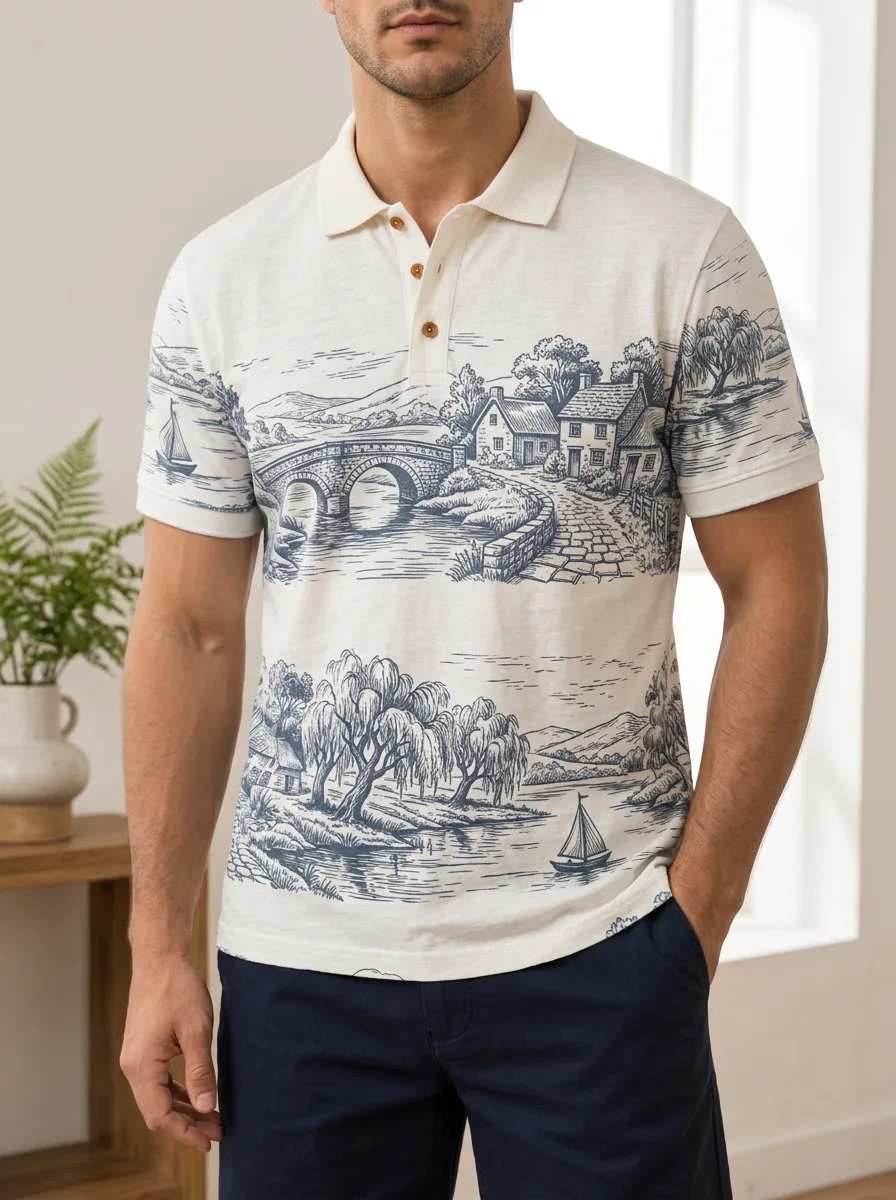 Men's Vintage Landscape Bridge Sailboat Toile Printed Polo Shirt