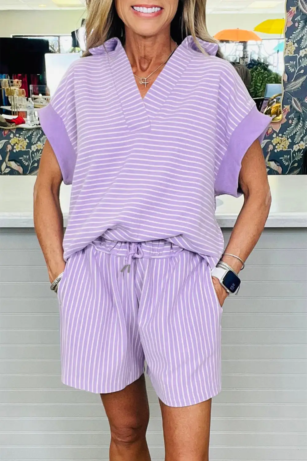 Stripe Sleeve Relaxed Shorts Lounge Set Comfort