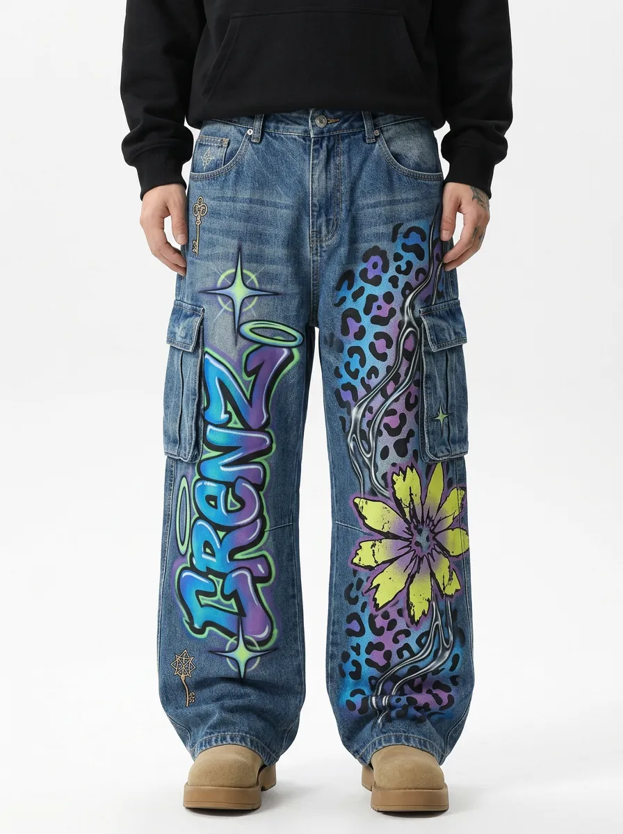 Men's Streetwear Graffiti Leopard Flower Mixed Motif Cargo Jeans
