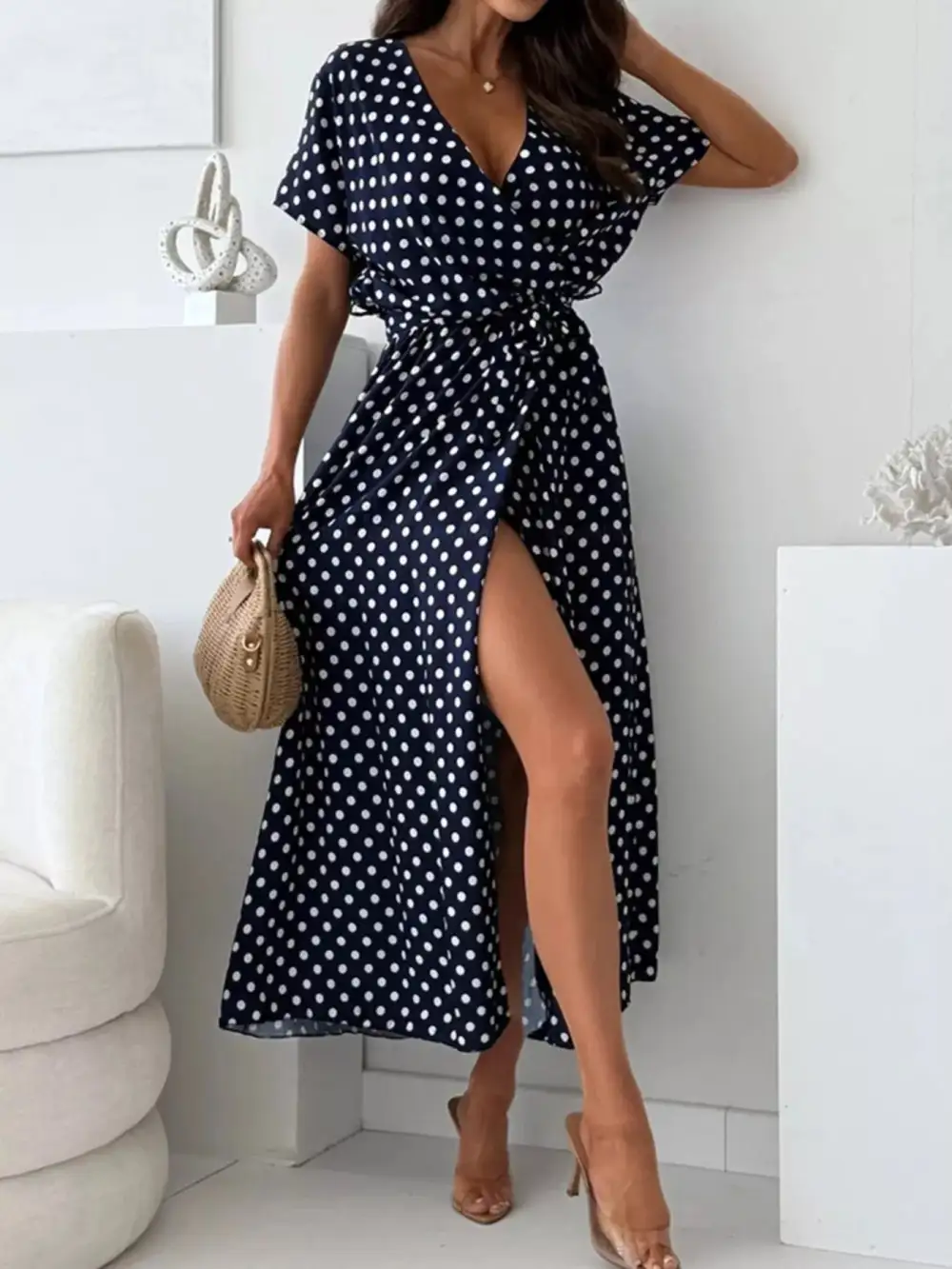 Polka Dot Surplice Maxi Dress With Slit