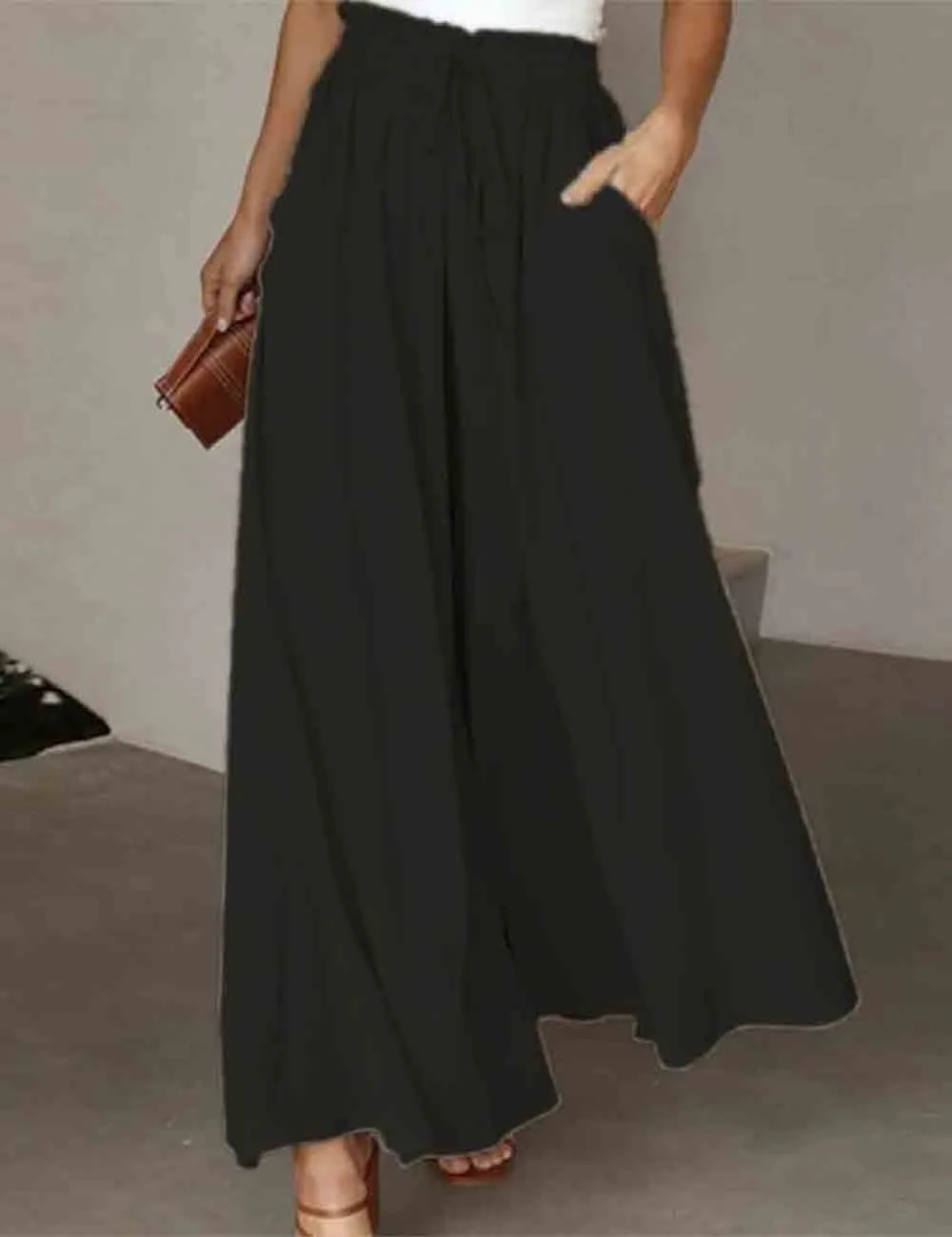 Elastic Waist Tie Wide Leg Pants