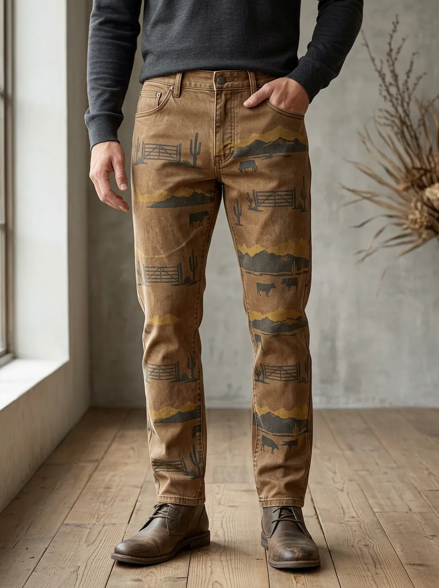 Men's Western Cowboy Desert Cactus Cattle Printed Pants