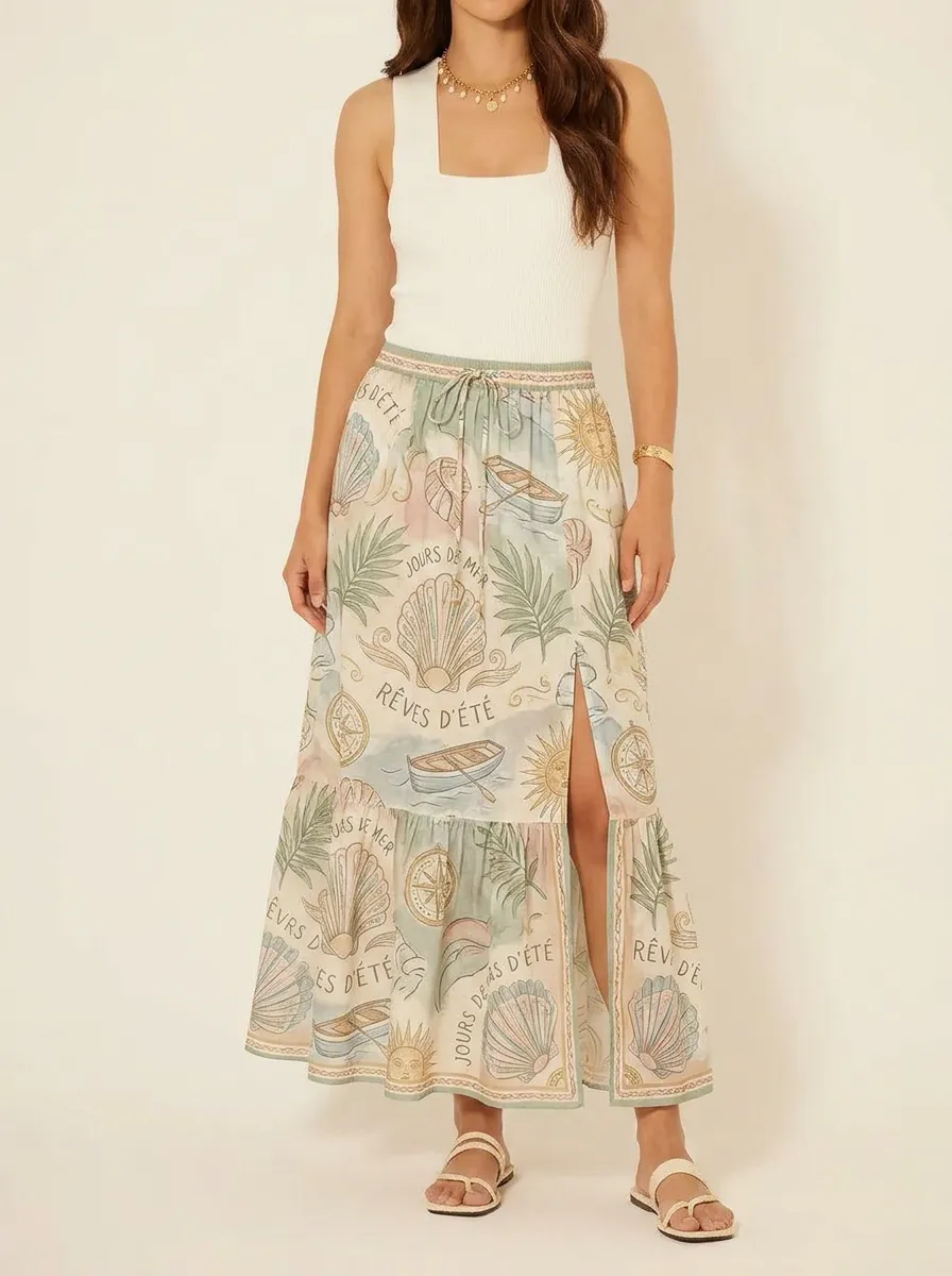 Women's Beach Vacation Seashell Boat Printed Maxi Skirt