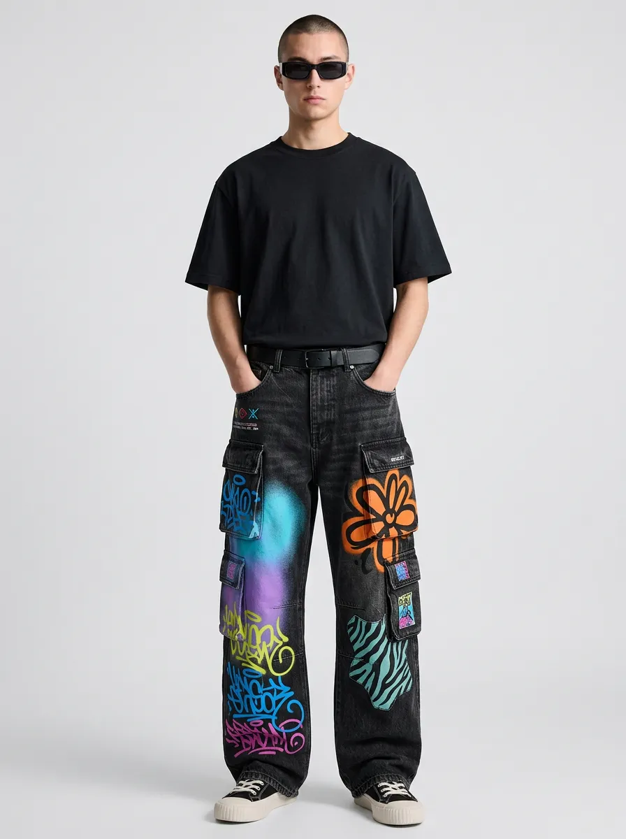 Men's Graffiti Floral Graphic Cargo Jeans