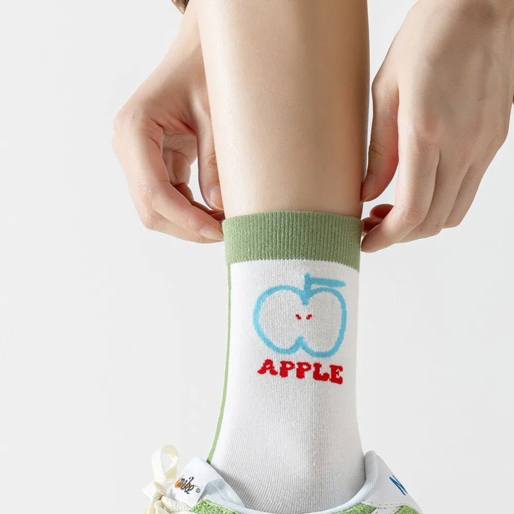 Playful Apple Bunny Pattern Crew Socks