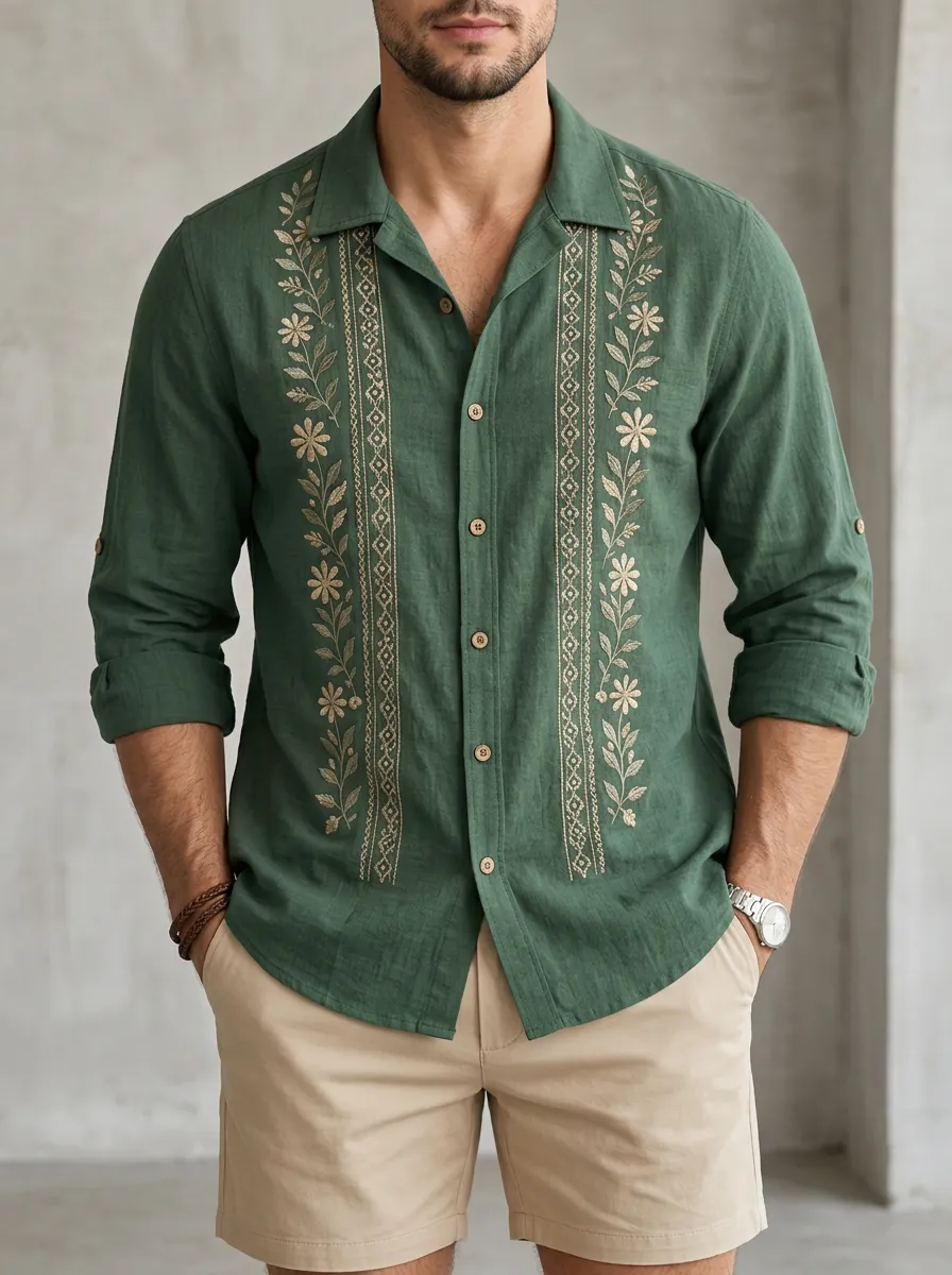 Men's Floral Boho Embroidered Everyday Shirt
