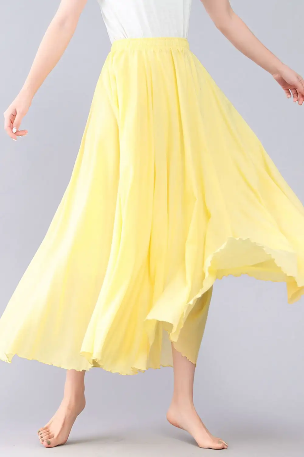 Checkered Linen Cotton Pleated Circle Elastic Waist Maxi Skirt