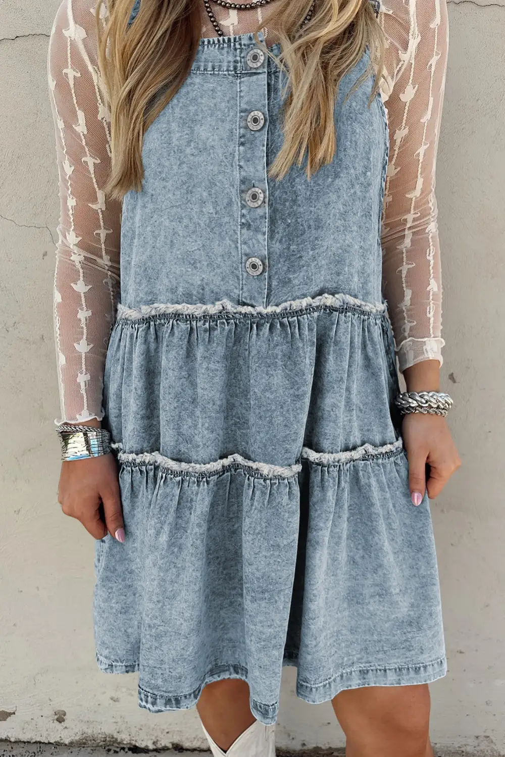 Denim Look Tiered Tie Detail Mini Dress