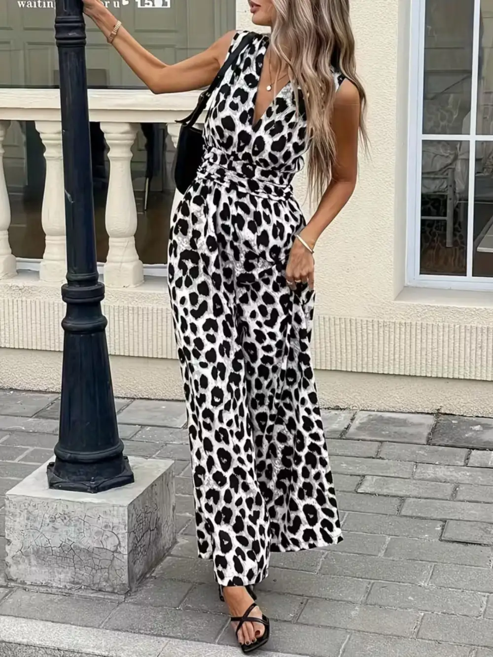 Sleeveless V Neck Leopard Print Wide Jumpsuit