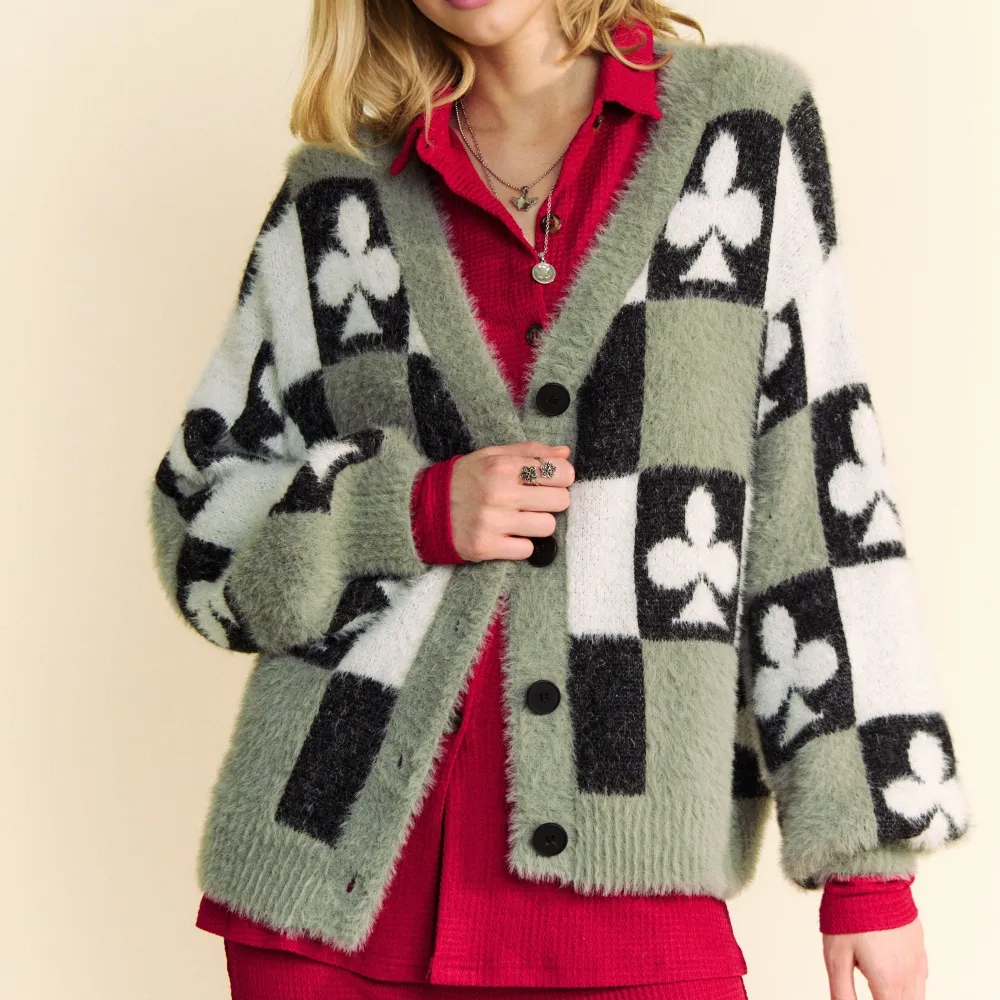 Ribbed Button Front Checkered Clover Print Cardigan