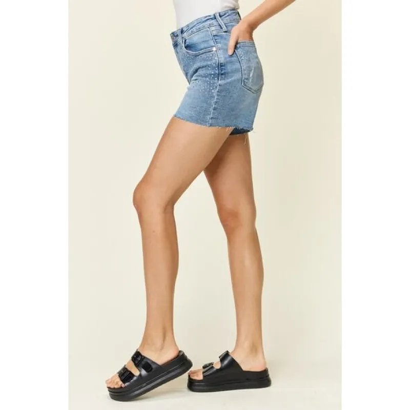 Plus Size High-Waist Rhinestone Decor Denim Shorts