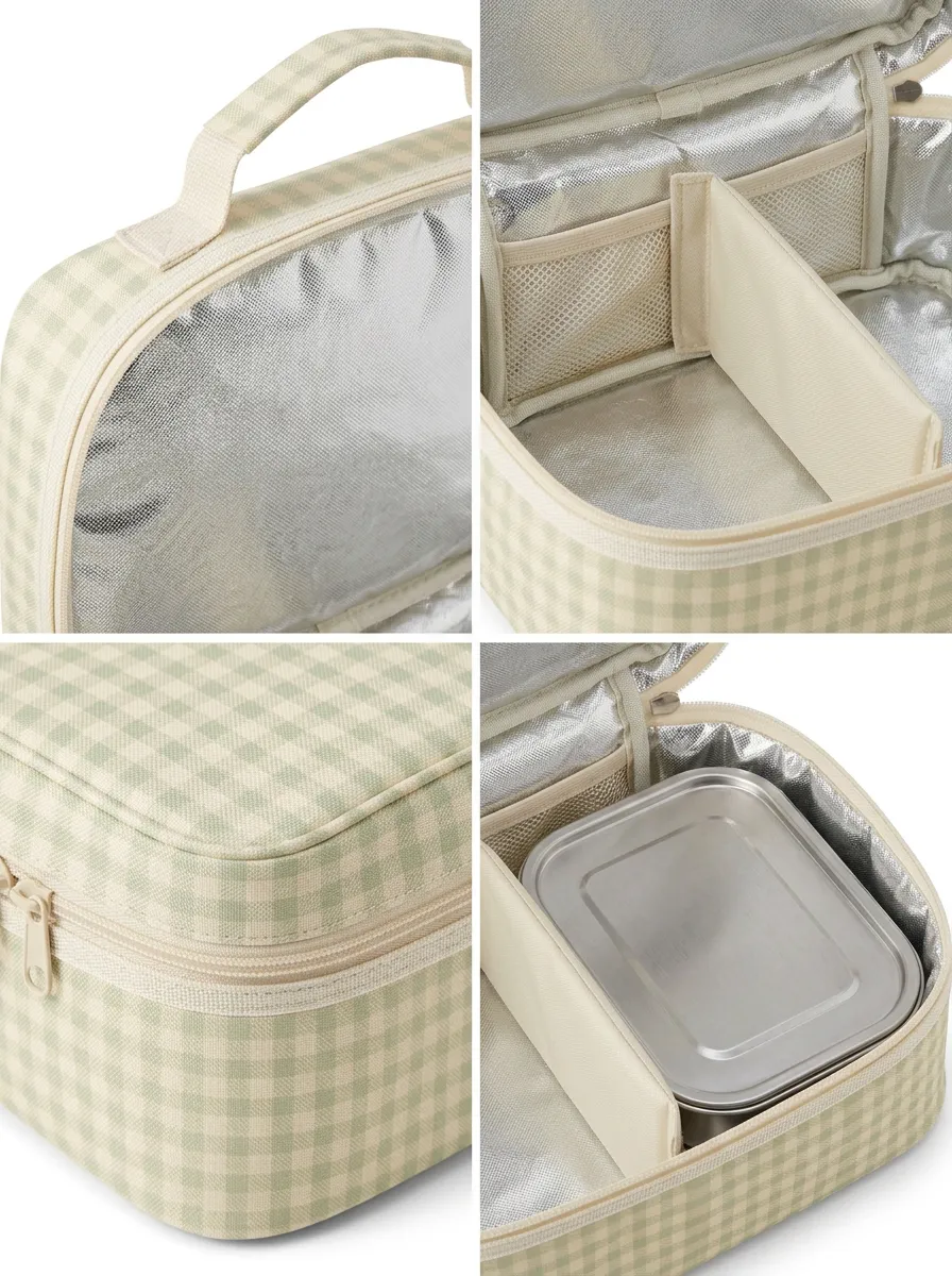 Unisex Picnic Lover Green Gingham Pattern Printed Insulated Lunch Bag