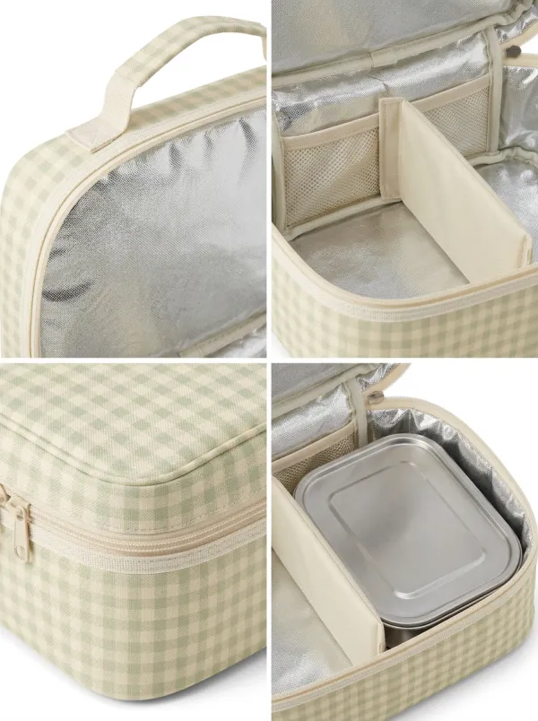 Unisex Picnic Lover Green Gingham Pattern Printed Insulated Lunch Bag