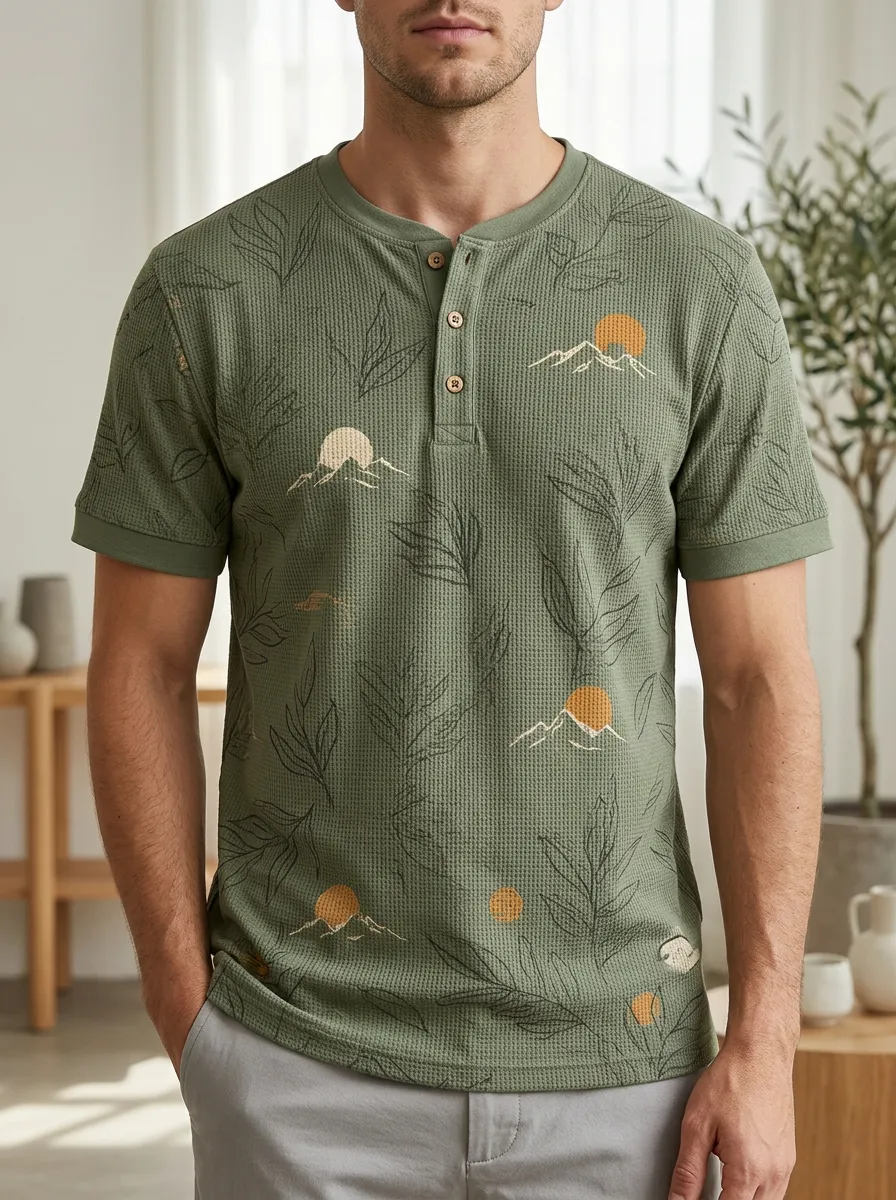 Men's Nature Lover Mountain Sunset Leaves Printed Henley T-shirt
