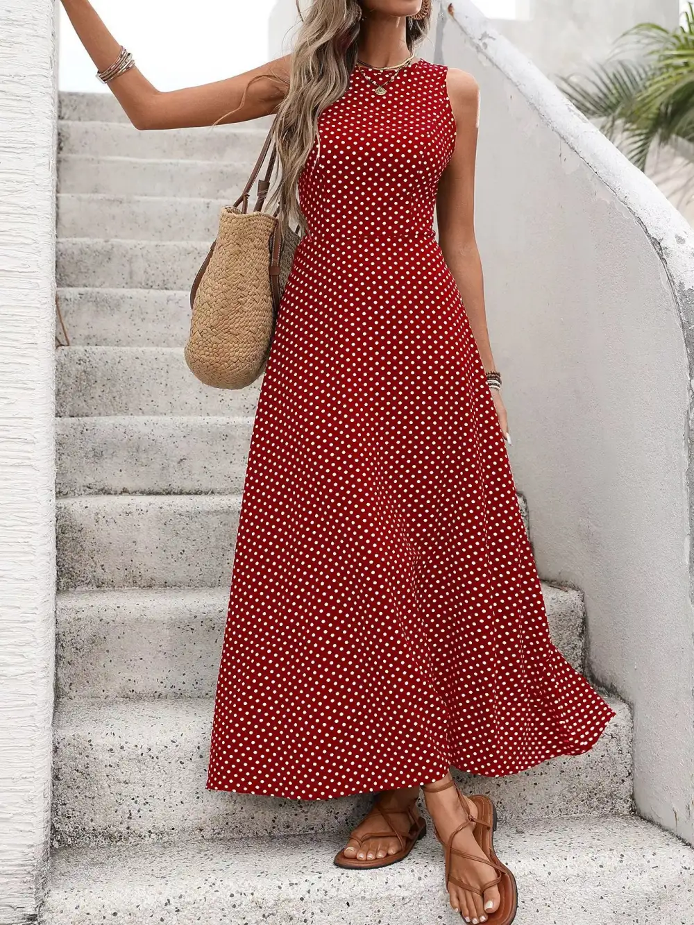 Polka Dot Sleeveless Maxi Dress