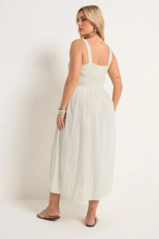 Natural Brown Shirred Linen Midi Dress detail 3