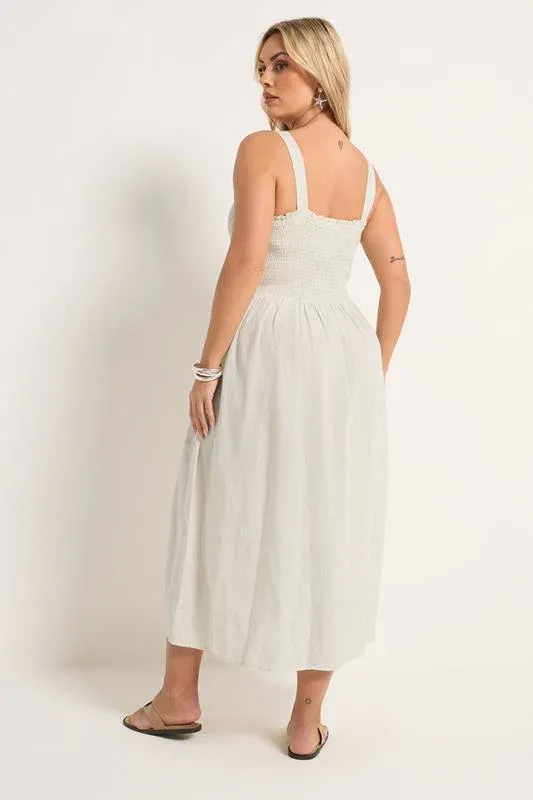 Natural Brown Shirred Linen Midi Dress