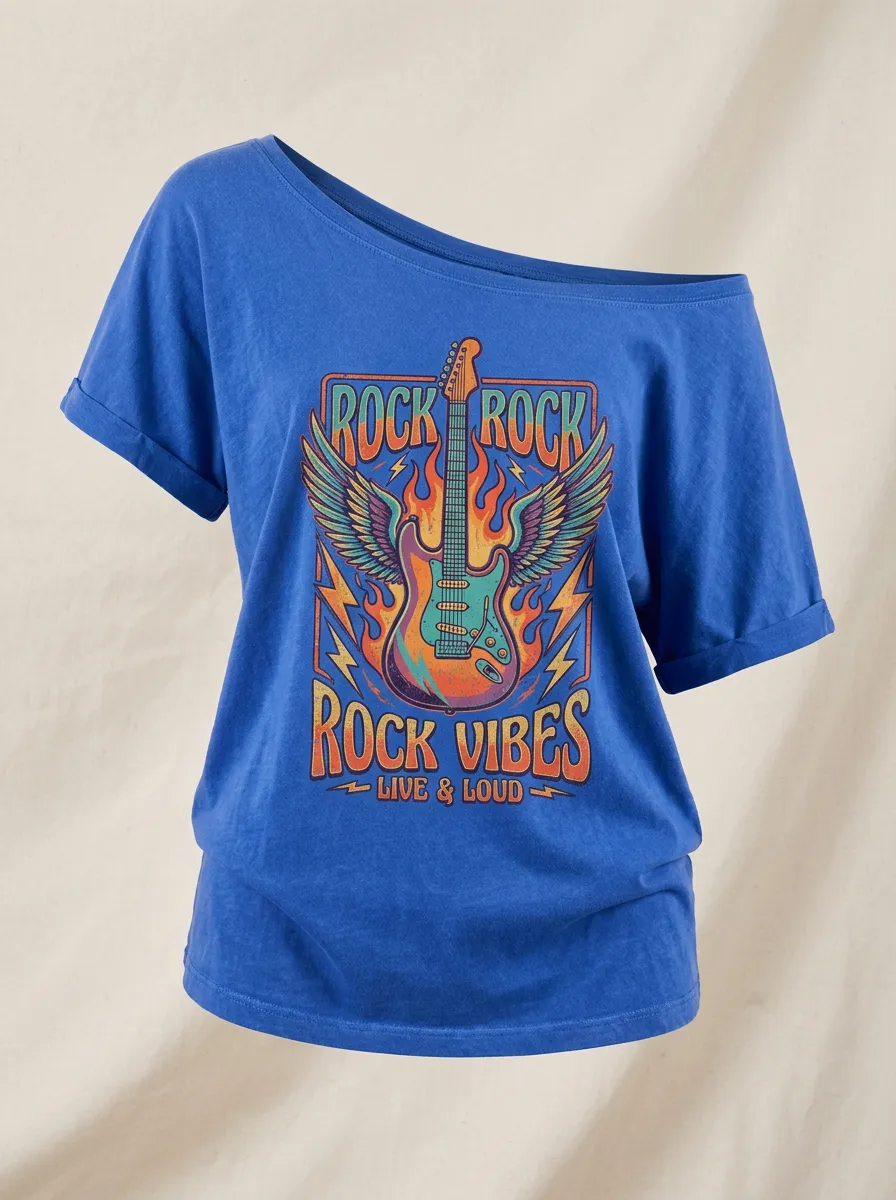 Women's Rock Music Lover Winged Guitar Flame Printed Top