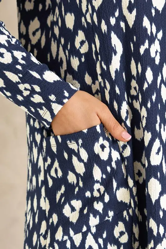 Navy Blue Animal Print Front Pocket Tunic Top