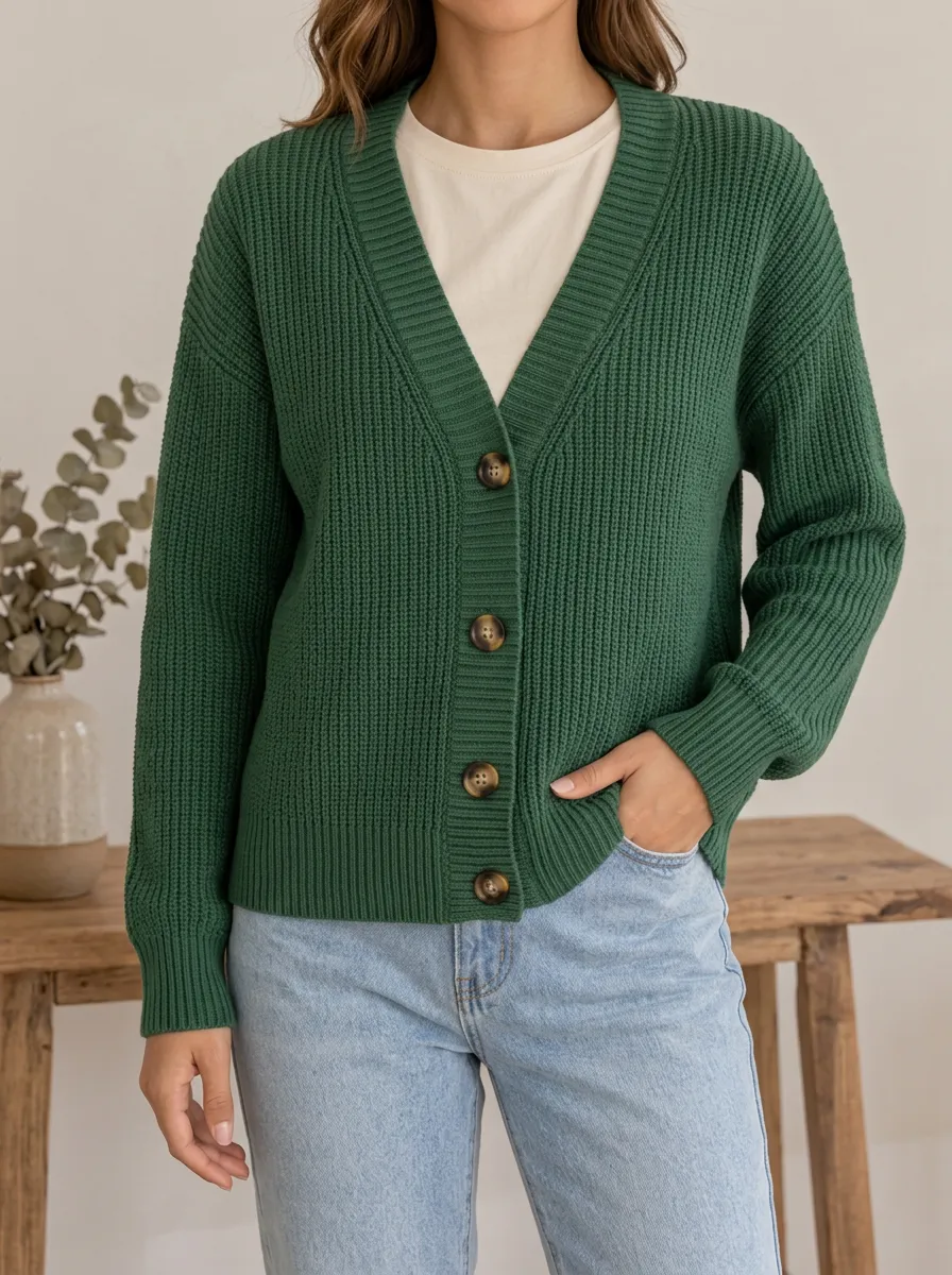 Women's Ribbed Knit Button Front V Neck Everyday Cardigan
