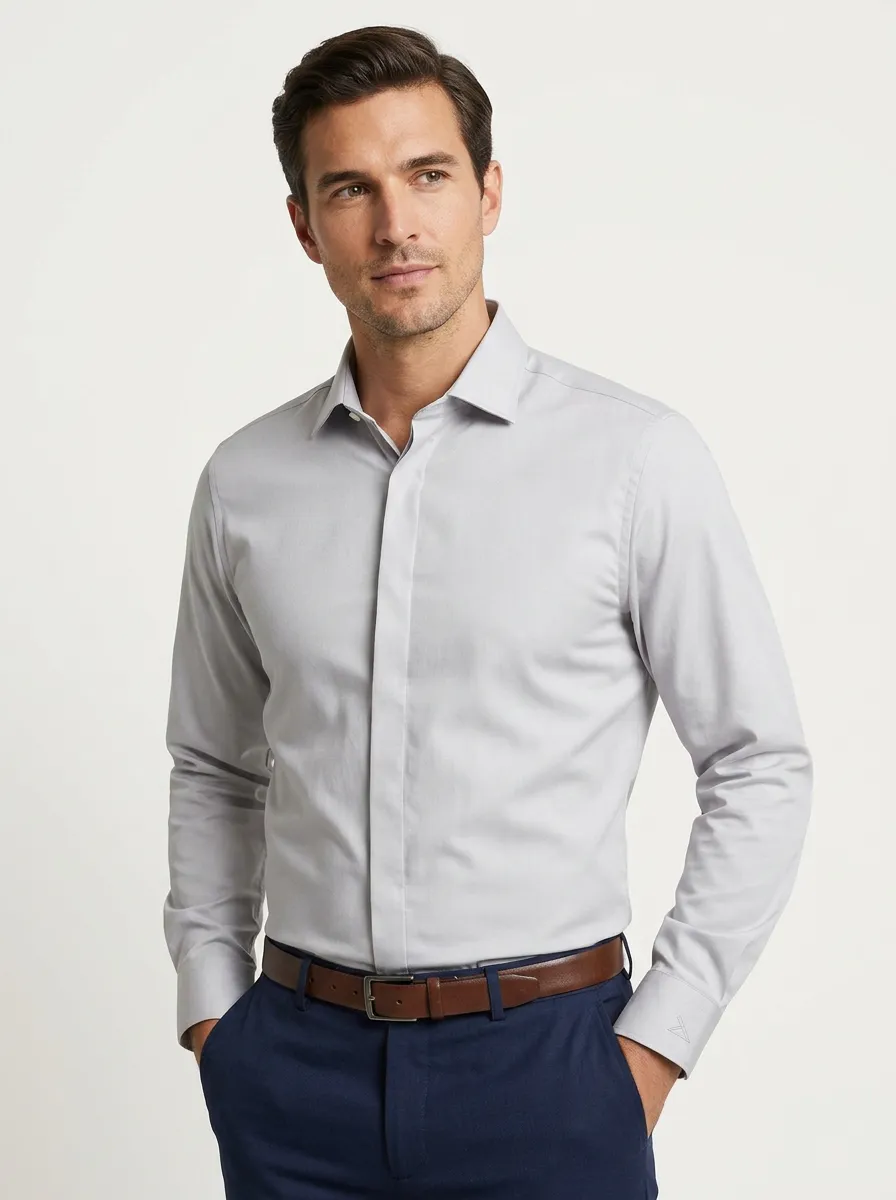 Men's Non-Iron Cotton Solid Grey Long Sleeve Dress Shirt