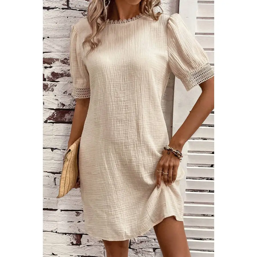 Lace Detail Round Neck Short Sleeve Mini Dress