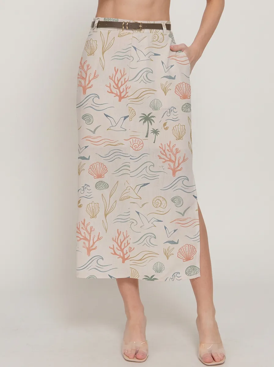 Women's Beach Lover Seashell Coral Printed Midi Skirt