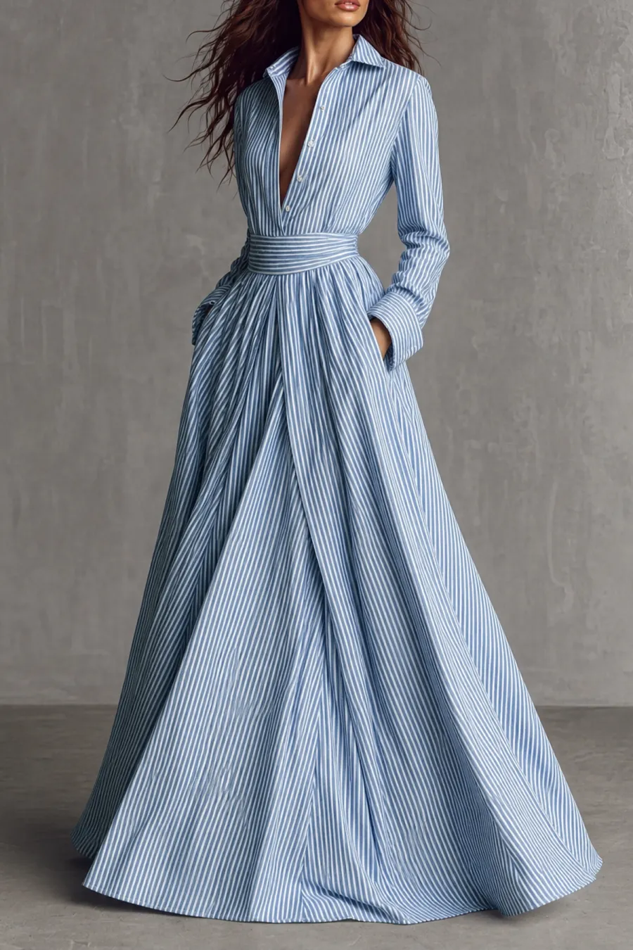 Plunge Neck Striped Casual Dress