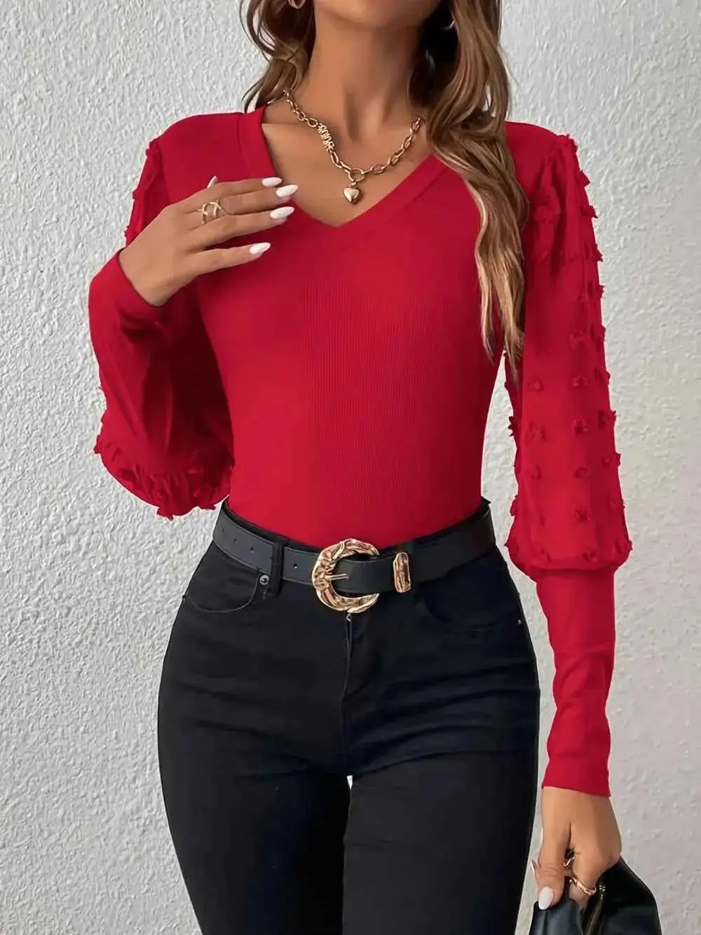 Dot Texture V-Neck Long Sleeve Top