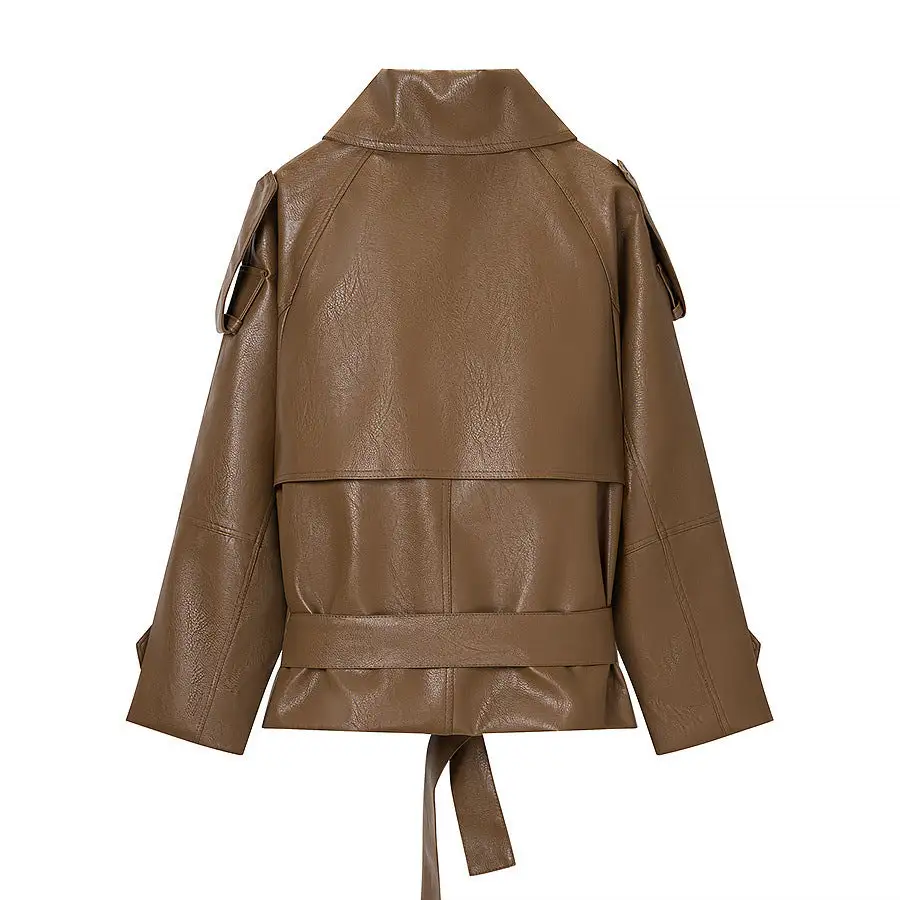 Polished Lapel Collar Trench Leather Jacket