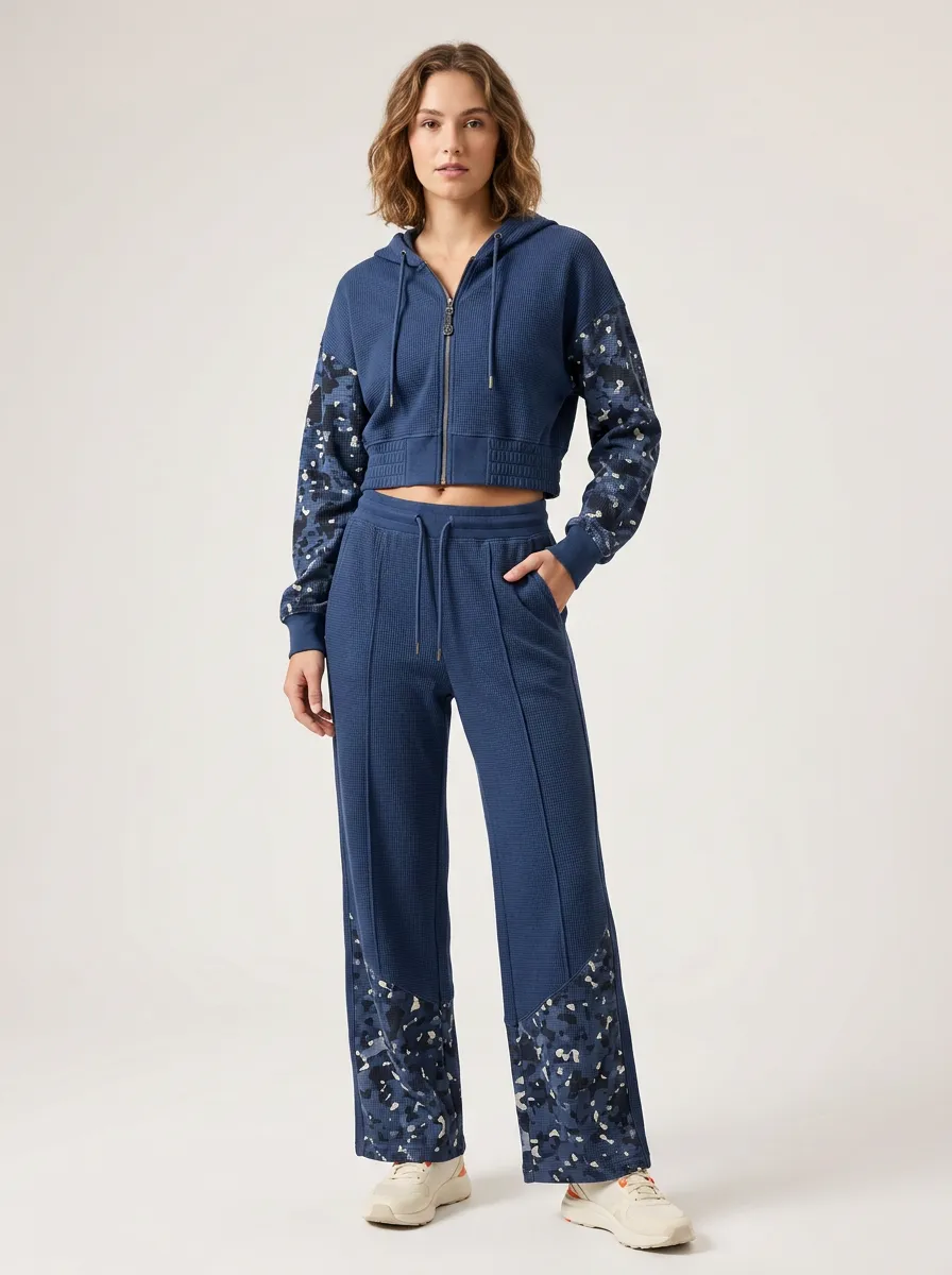 Women's Navy Waffle-Knit Zip-Up Hoodie and Wide-Leg Pant Set