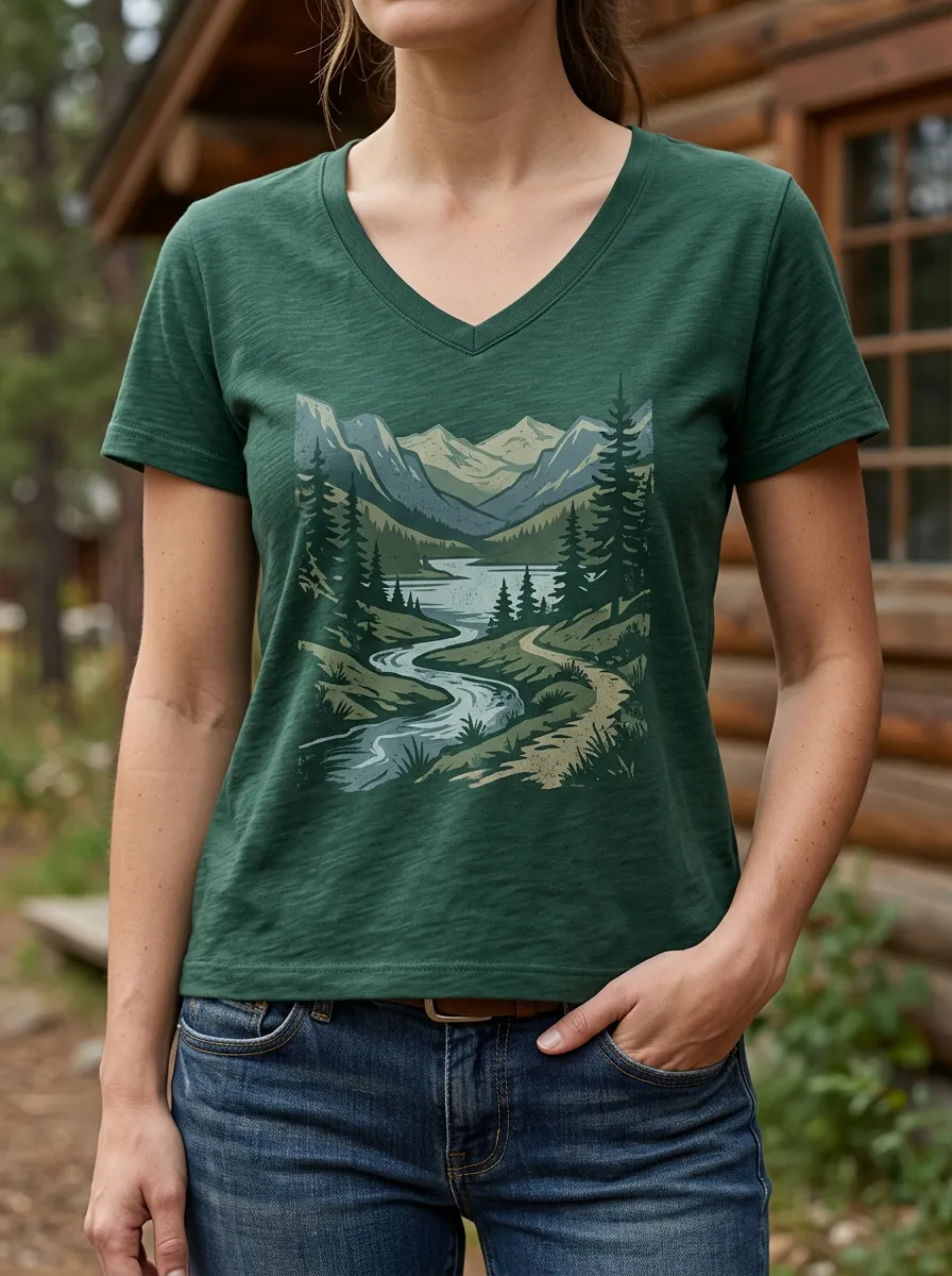 Women's Trail Nature Lover Mountain River Forest V-Neck T-Shirt