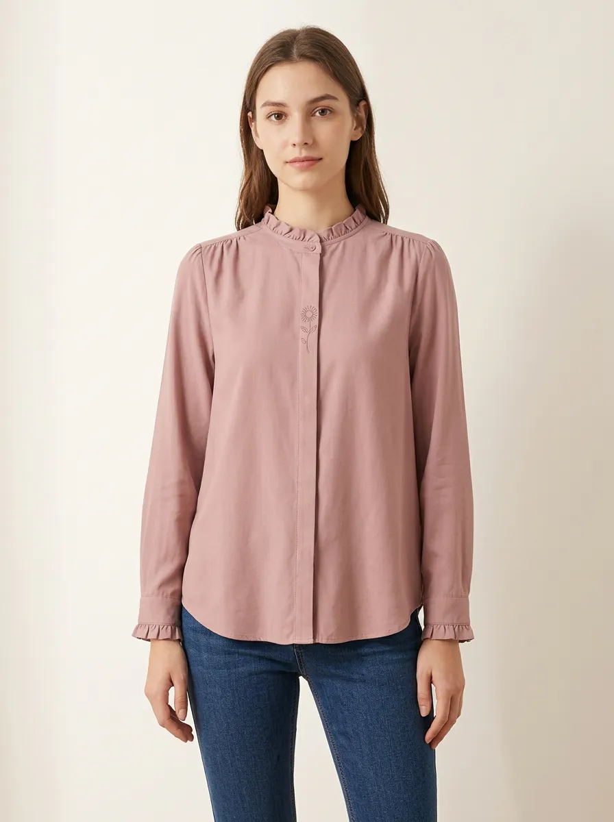 Women's Floral-Embroidered Ruffle-Collar Concealed-Placket Shirt
