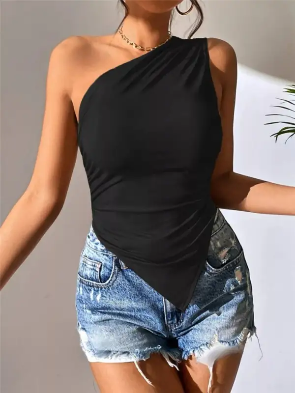 Asymmetrical One Shoulder Ruched Tank