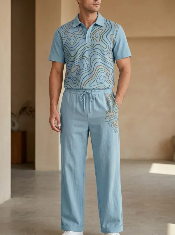 Men's Abstract Topographic Pattern Printed Casual Set