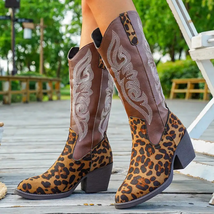 Western Embroidered Mid-calf Boots