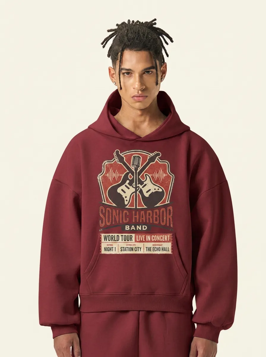 Men's Rock Music Lover Sonic Harbor Guitar Microphone Printed Hoodie