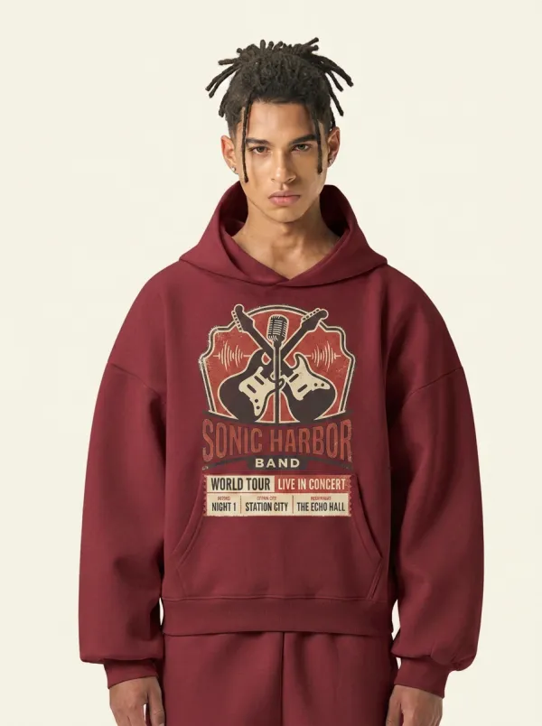 Men's Rock Music Lover Sonic Harbor Guitar Microphone Printed Hoodie