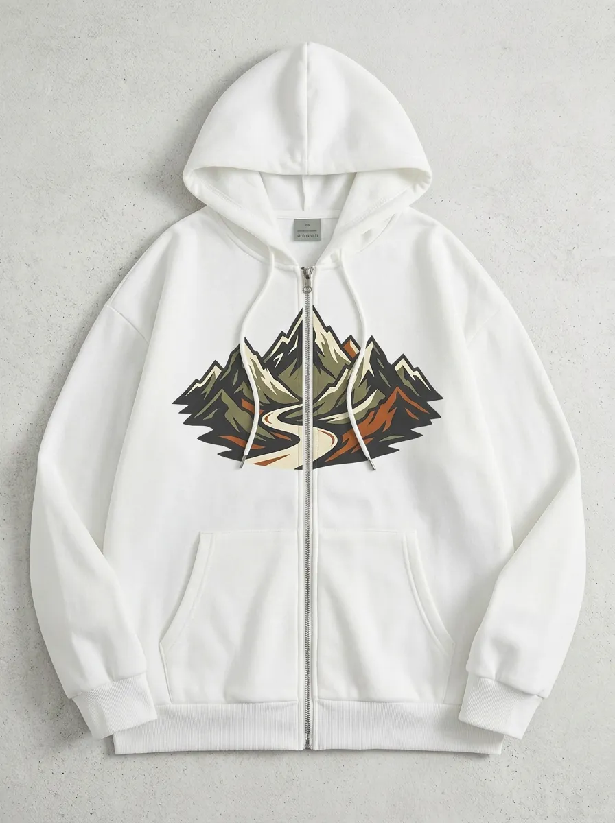 Unisex Outdoor Adventure Mountain Road Printed Zip-up Hoodie