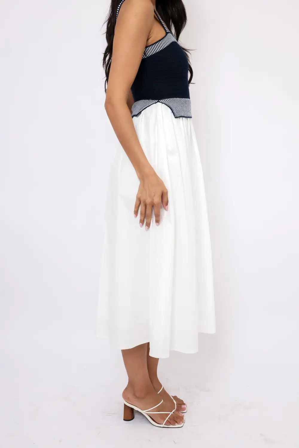 Sleeveless Mixed Media Striped Midi Dress
