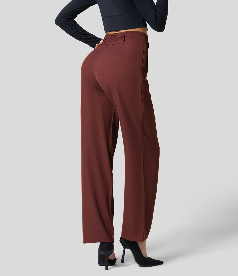 High Waisted Button Zipper Plicated Side Pocket Shirred Straight Leg Work Pants