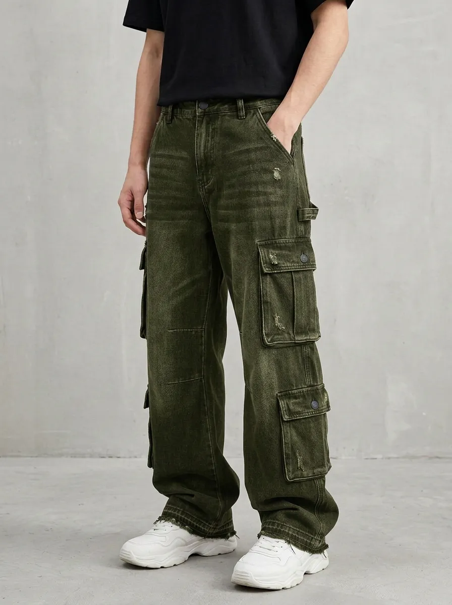 Men's Streetwear Distressed Black Denim Multi-Pocket Cargo Jeans
