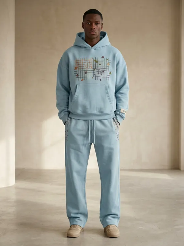 Men's Abstract Grid Pattern Printed Hoodie Sweatsuit