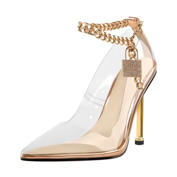 Rhinestone Pointed Toe Metal Heel Chain Accent Pumps