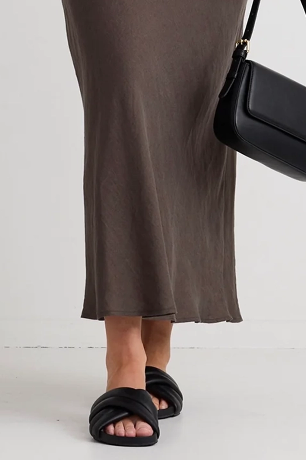 Brown Satin Midi Pencil Skirt