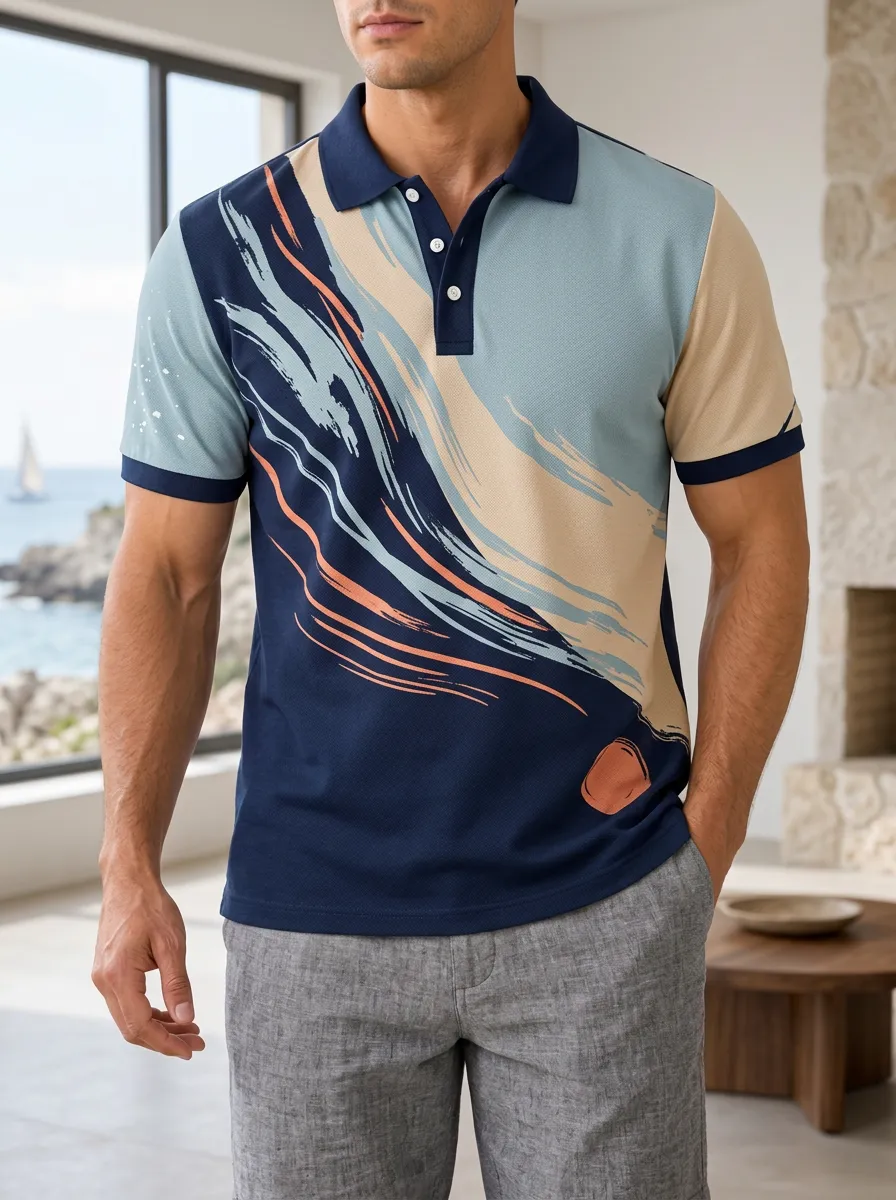 Men's Abstract Brushstroke Colorblock Printed Polo Shirt Weekend Casual Style