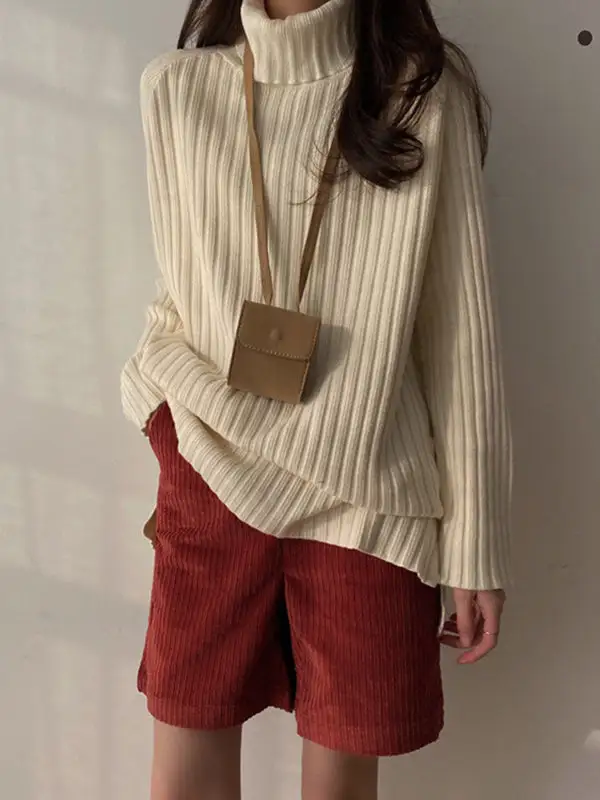 Casual Split Hem High Neck Long Sleeve Relaxed Fit Sweater