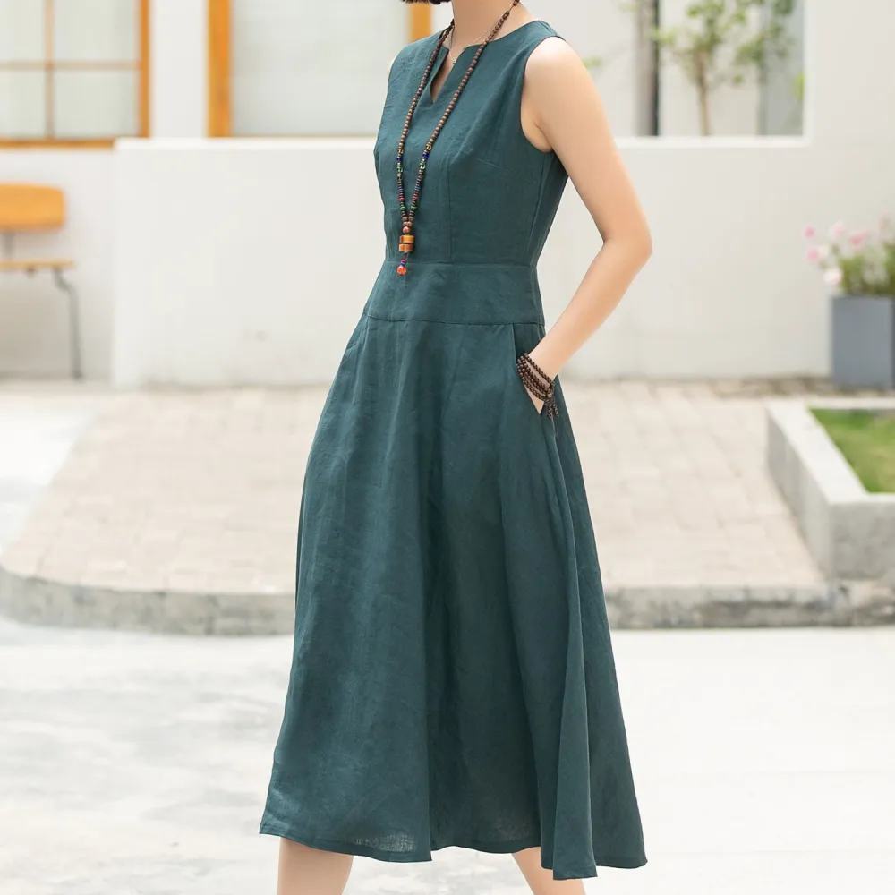 Classic Linen A Line Sleeveless Midi Dress