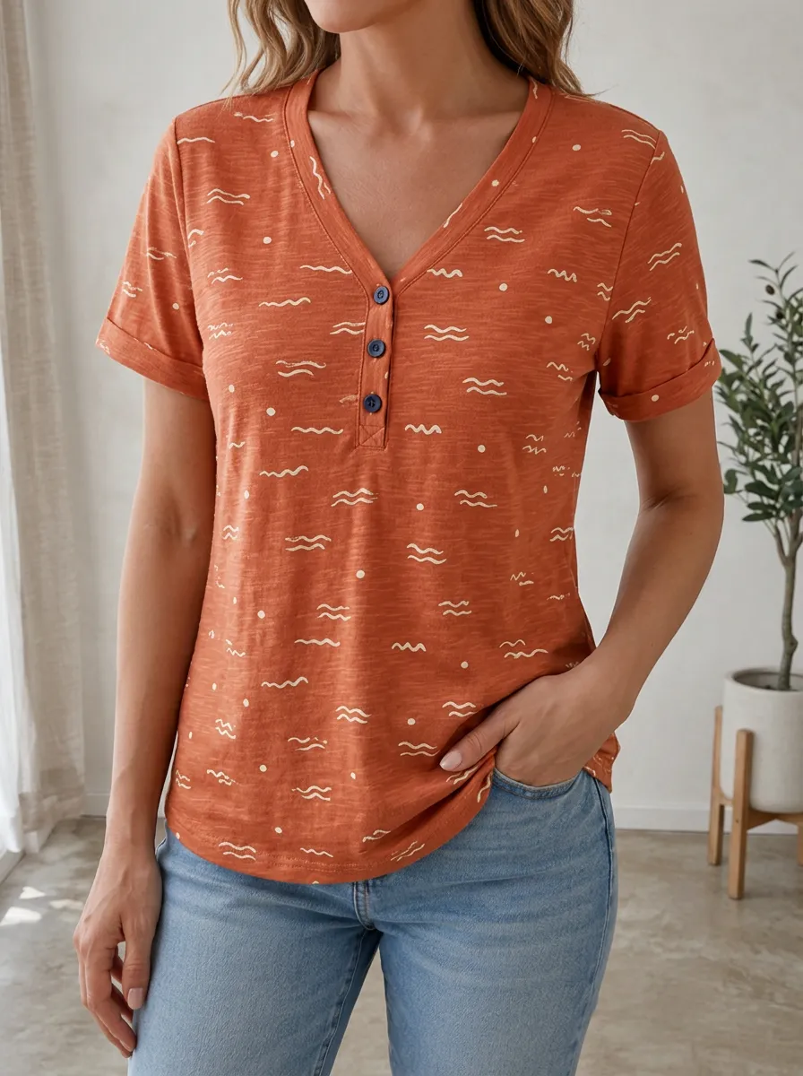 Women's Boho Beach Wave Pattern Printed Henley Shirt