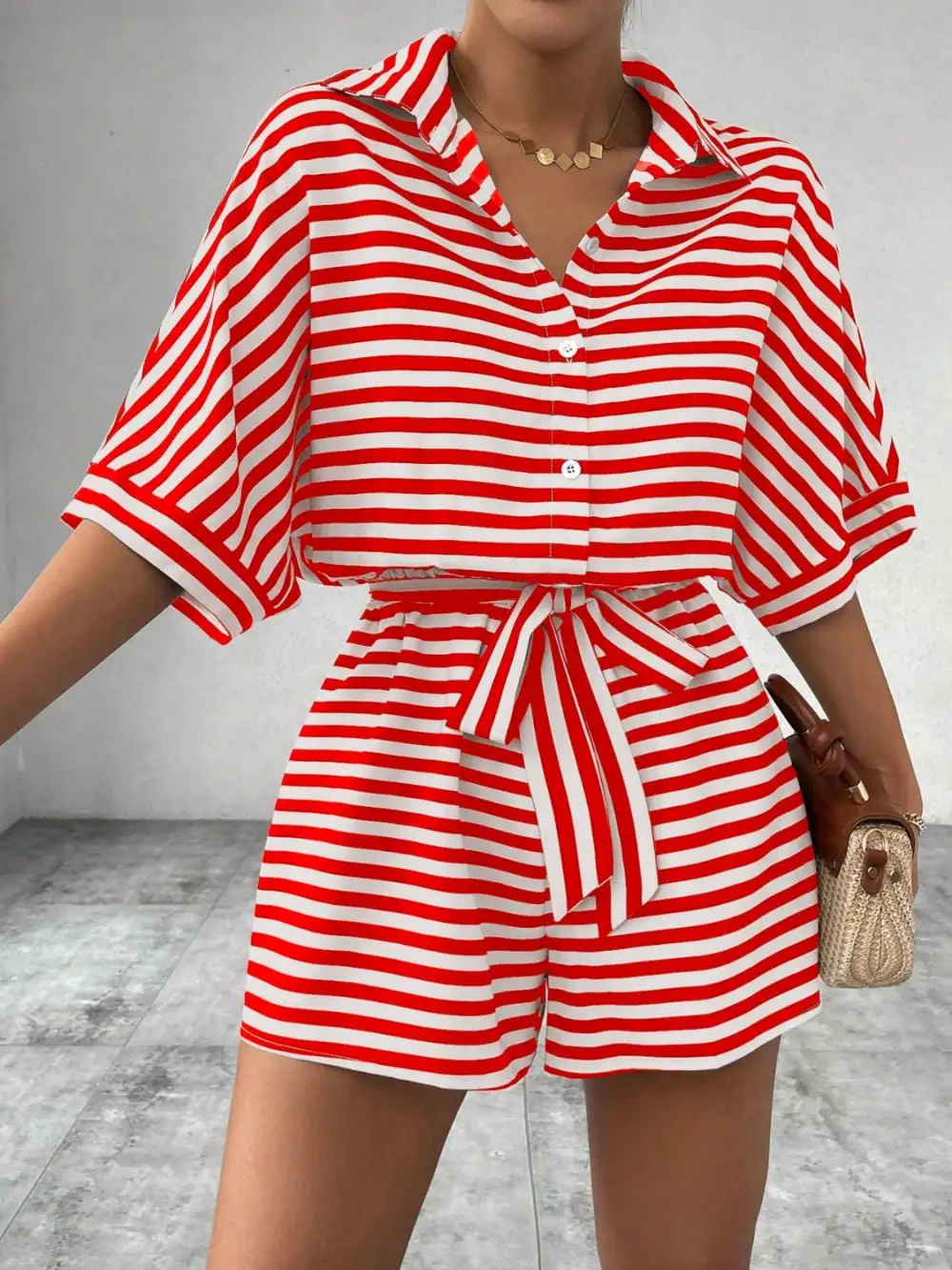 Tie Waist Half Button Romper